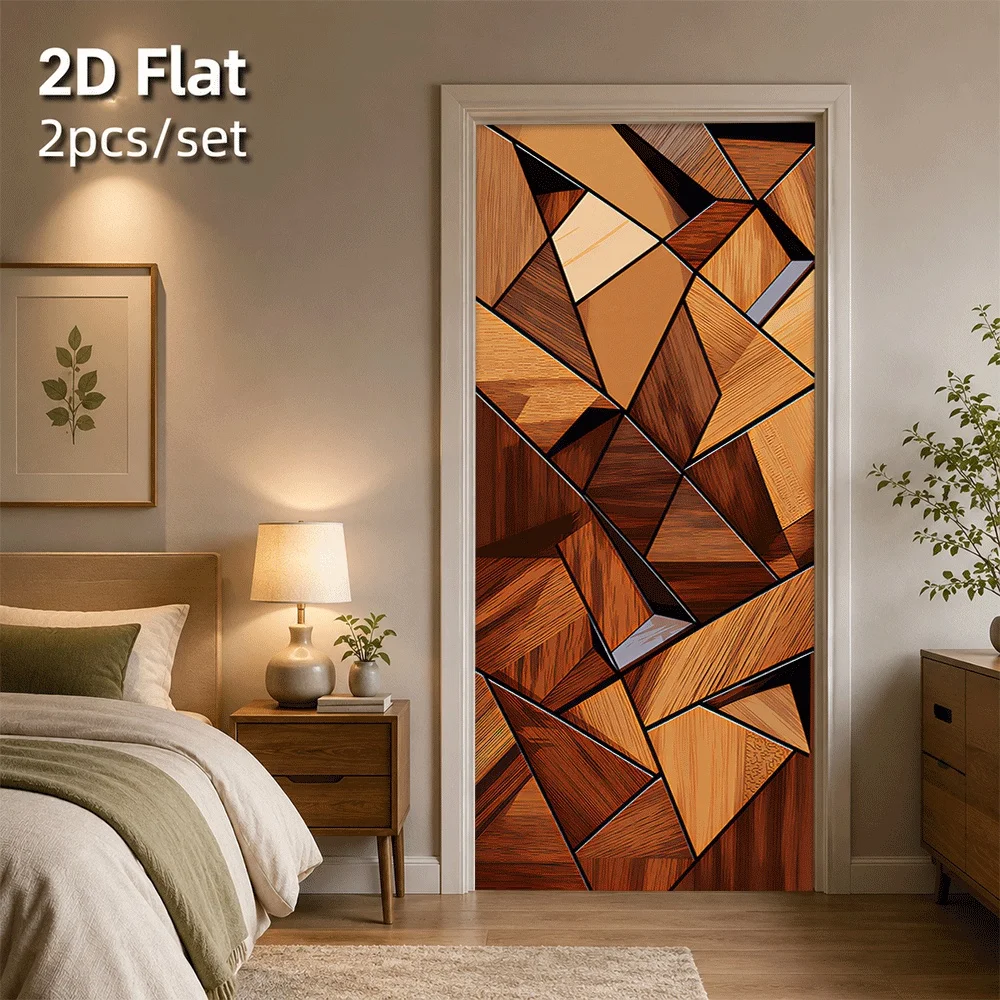 1 piece of imitation wood grain geometric splicing door sticker self-adhesive waterproof upgrade home style suitable for bedroom