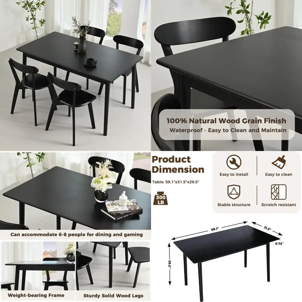 

Mid Century Modern Oak Farmhouse Rectangular Dining Table for 4-6 People, Large Solid Wood Kitchen Table