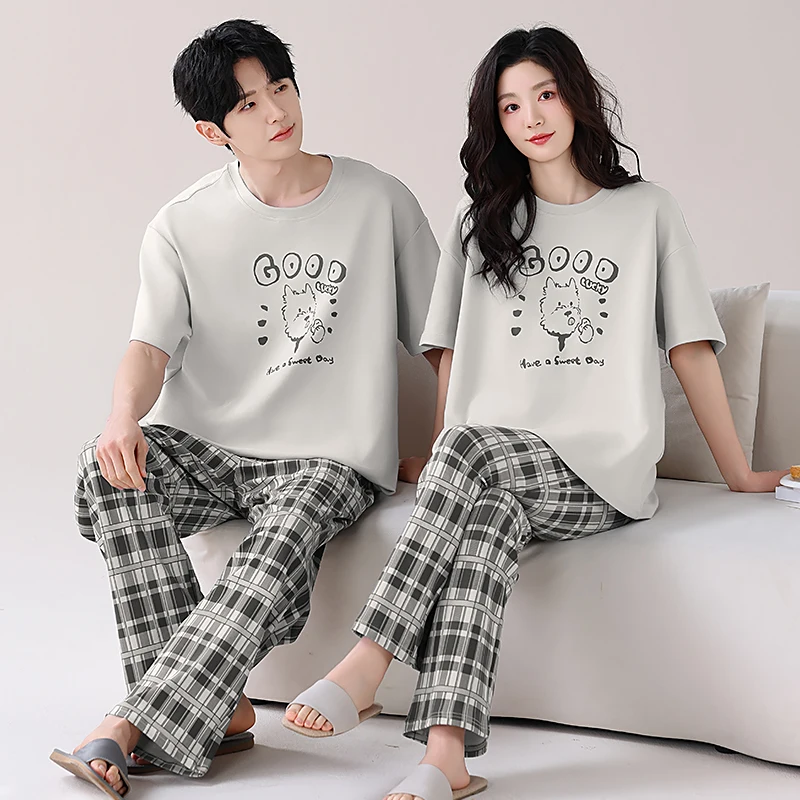 

Newest Summer Couple Pajama Set 100% Cotton Men And Women Casual Short Sleeve Pyjamas