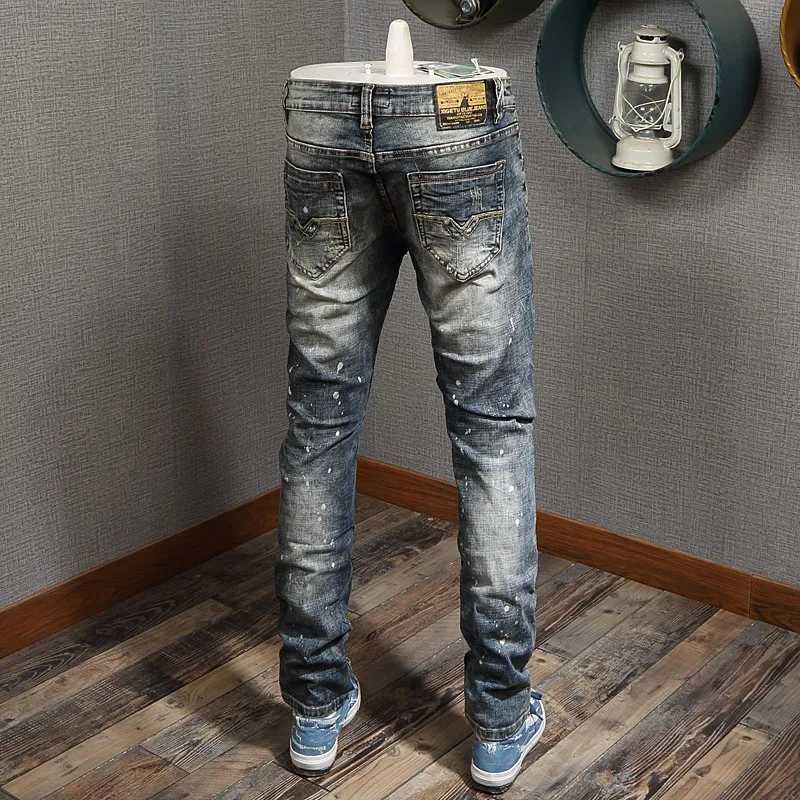 Italian Fashion Men Jeans High Quality Retro Washed Blue Stretch Slim Fit Ripped Jeans Men Painted Designer Vintage Denim Pants