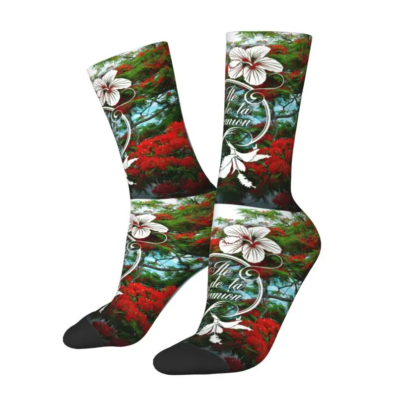 Kawaii 974 Reunion Island Flamboyant Hibiscus Socks Men Women Warm 3D Printed Flowers Pattern Basketball Sports Socks