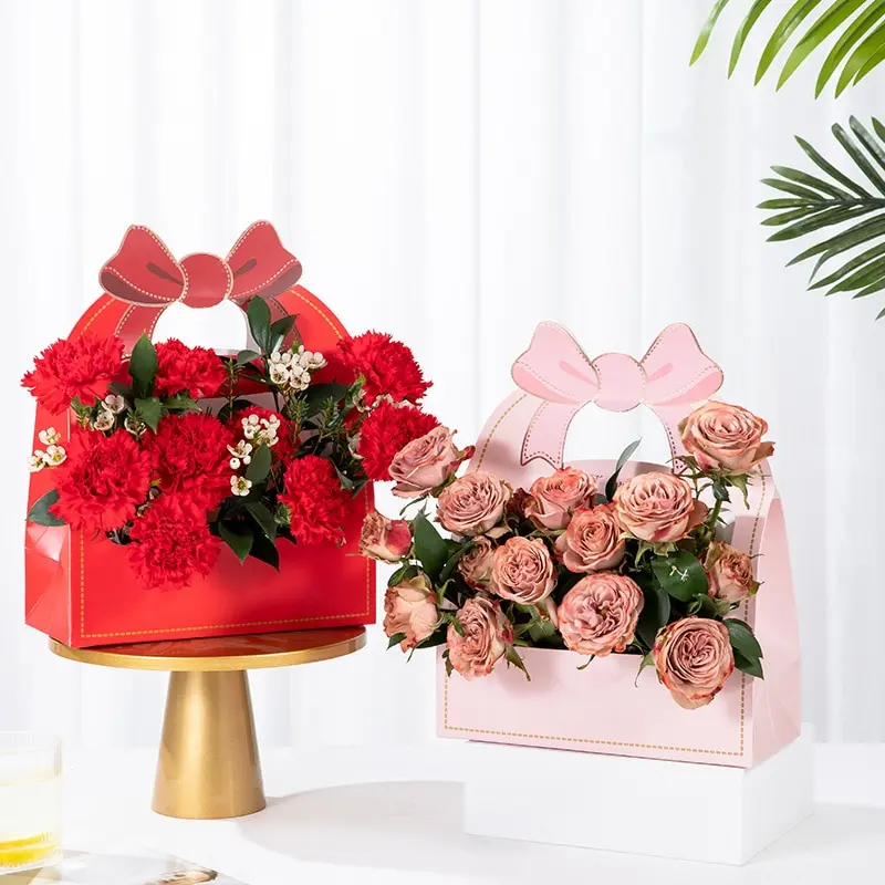 Portable Flower Box Rosette Knot Handle Florist Rose Bouquet Packaging Box Valentine'S Day Mother'S Day Gift Packaging Bag