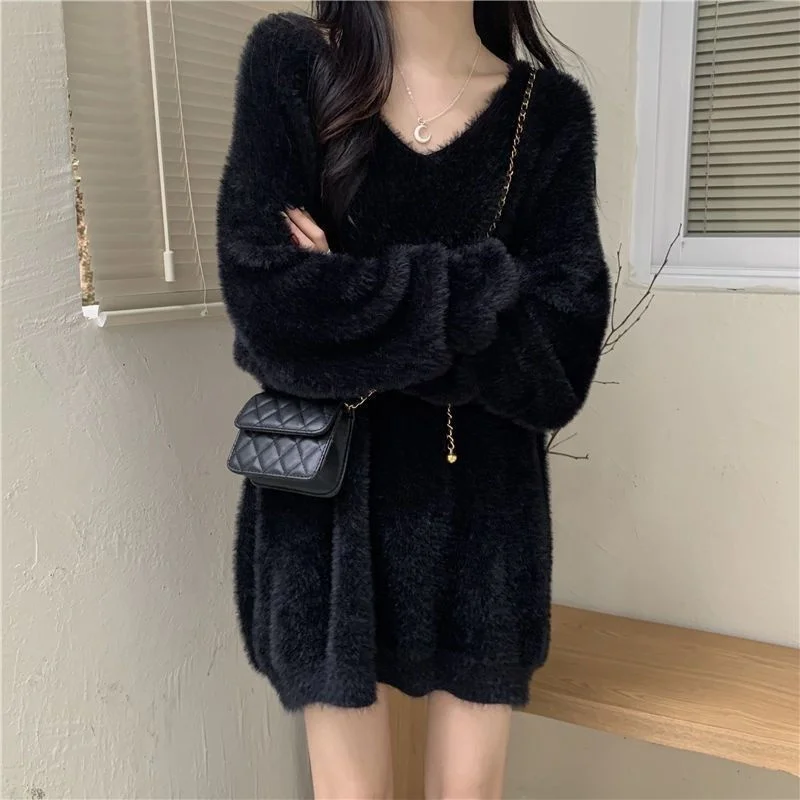 

Mid Length Sweater Women Buttocks Covered 2023 New Spring Autumn Imitation Mink Velvet Soft Gutinous Lazy Long Sleeved Sweater