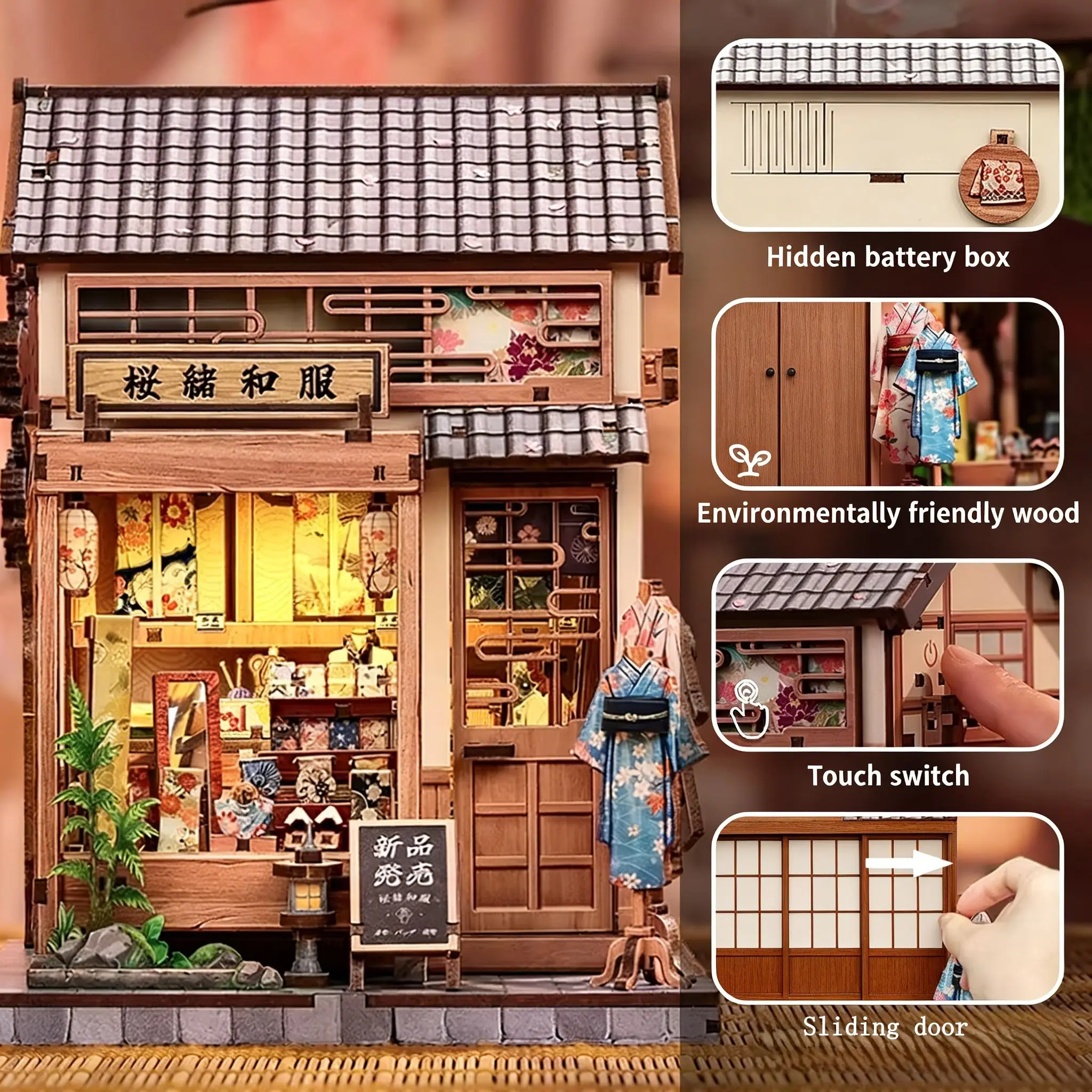 

DIY Japanese-Style Miniature Kit Sakura Kimono Scene 3D Handmade Wooden Dollhouse Assembly Toy Creative Building Blocks