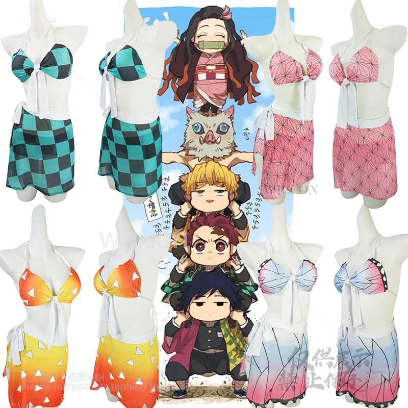อะนิเมะ Kanroji Mitsuri ชุดว่ายน้ําคอสเพลย์เครื่องแต่งกาย Tanjirou Kamado ชุดว่ายน้ําเซ็กซี่ผู้หญิง Lolita Nezuko เซ็กซี่ชุดเครื่องแบบฤดูร้อนชุด