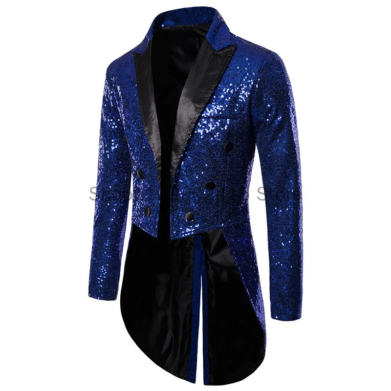 Shiny Gold Sequins Glitter Tailcoat Suit Jacket Male Double Breasted Wedding Groom Tuxedo Blazer Men Party Stage Prom Costume