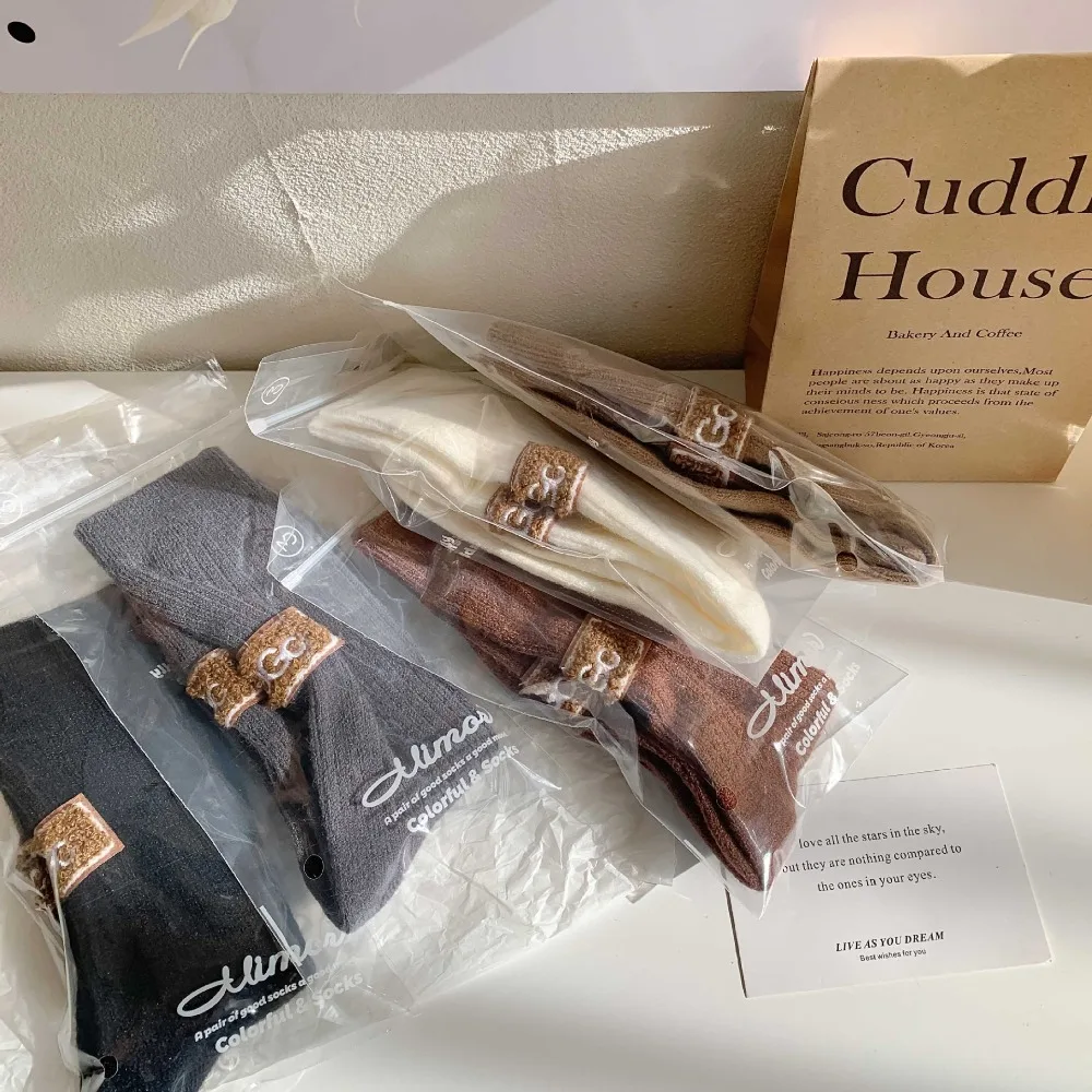 Ins Middle Tube Mid-Tube Socks Keep Warm Solid Color Snow Boot Socks Heel Furry Label Knitted Women Socks Autumn