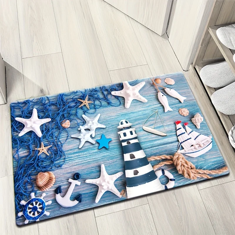 VIKAMA Beach Starfish Shell Bathroom Rug Non‑Slip Absorbent Washable Nautical Lighthouse Shower Entry Floor Decor Mat