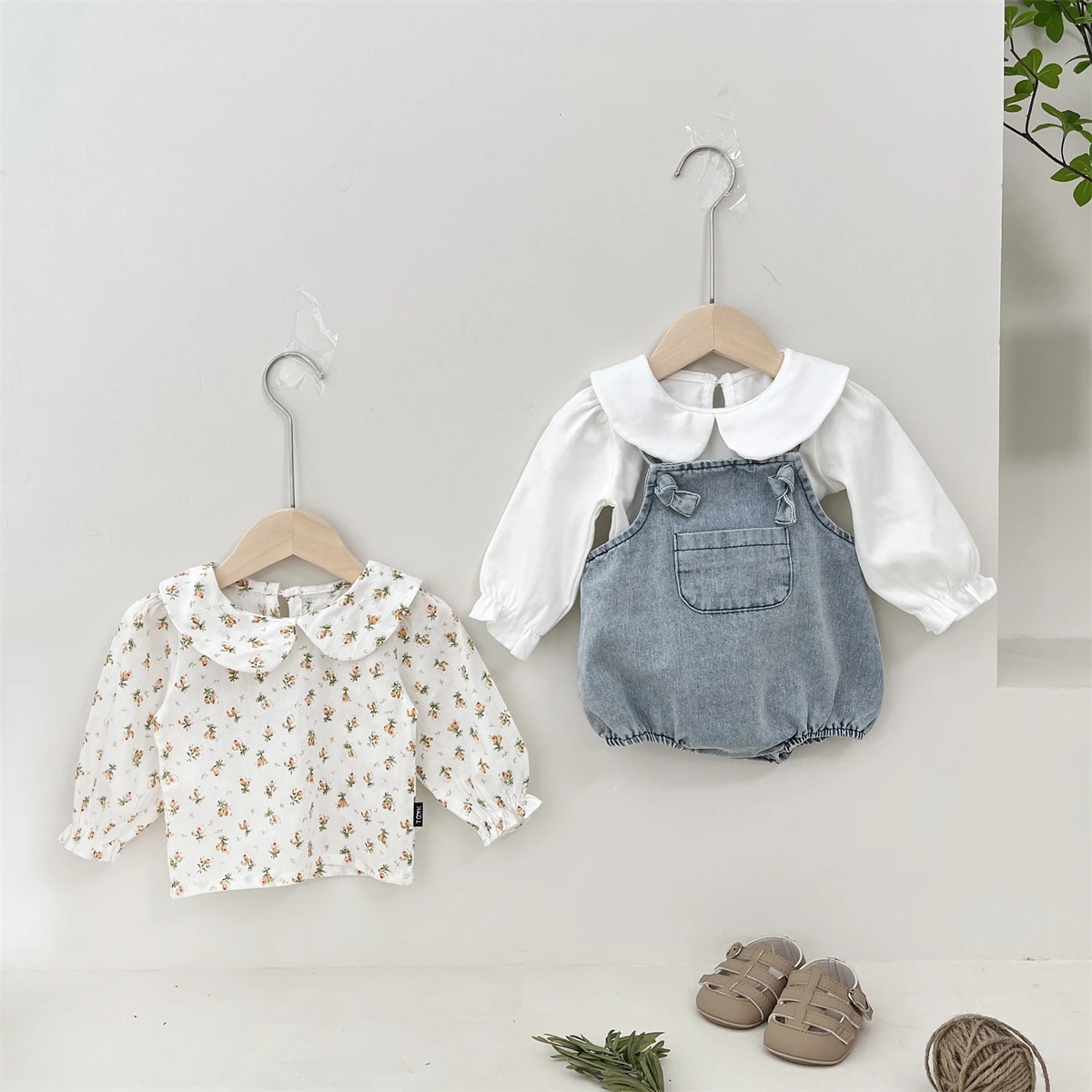 Spring And Autumn Newborn Baby Girls Baby Tee Cotton O-neck Floral Sweet Travel Solid Long-sleeved Korean Fashion Soft Casual