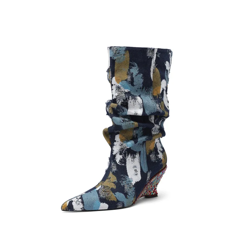 2026 Women Printed Slouchy Ankle Boots Pointed Toe Wood‑Pattern Wedge Heel Low‑Cut High Heel Fashion LadiesF472