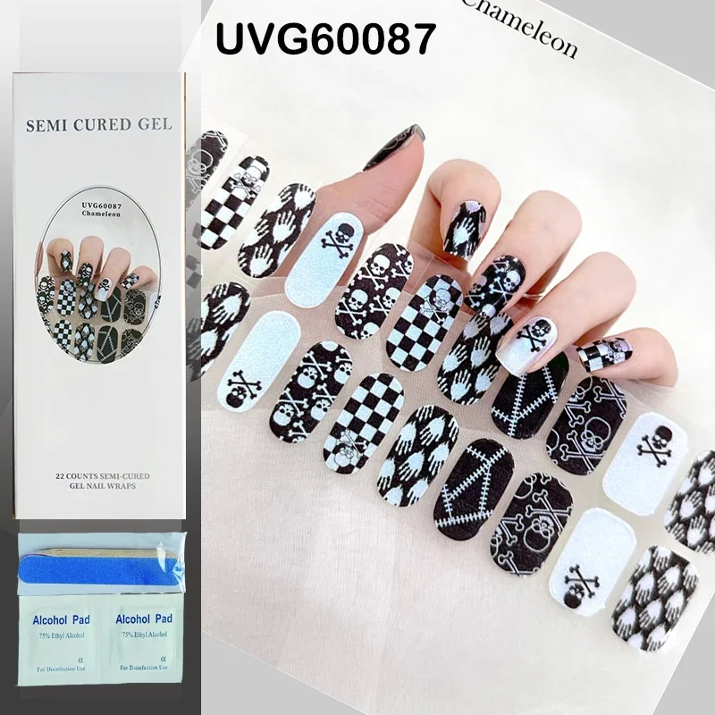 Halloween theme Manicure decorate UV Semi-cured Gel Nail Strips Spider Ghost Pumpkin Pattern Nail Stickers UV Lamp Required