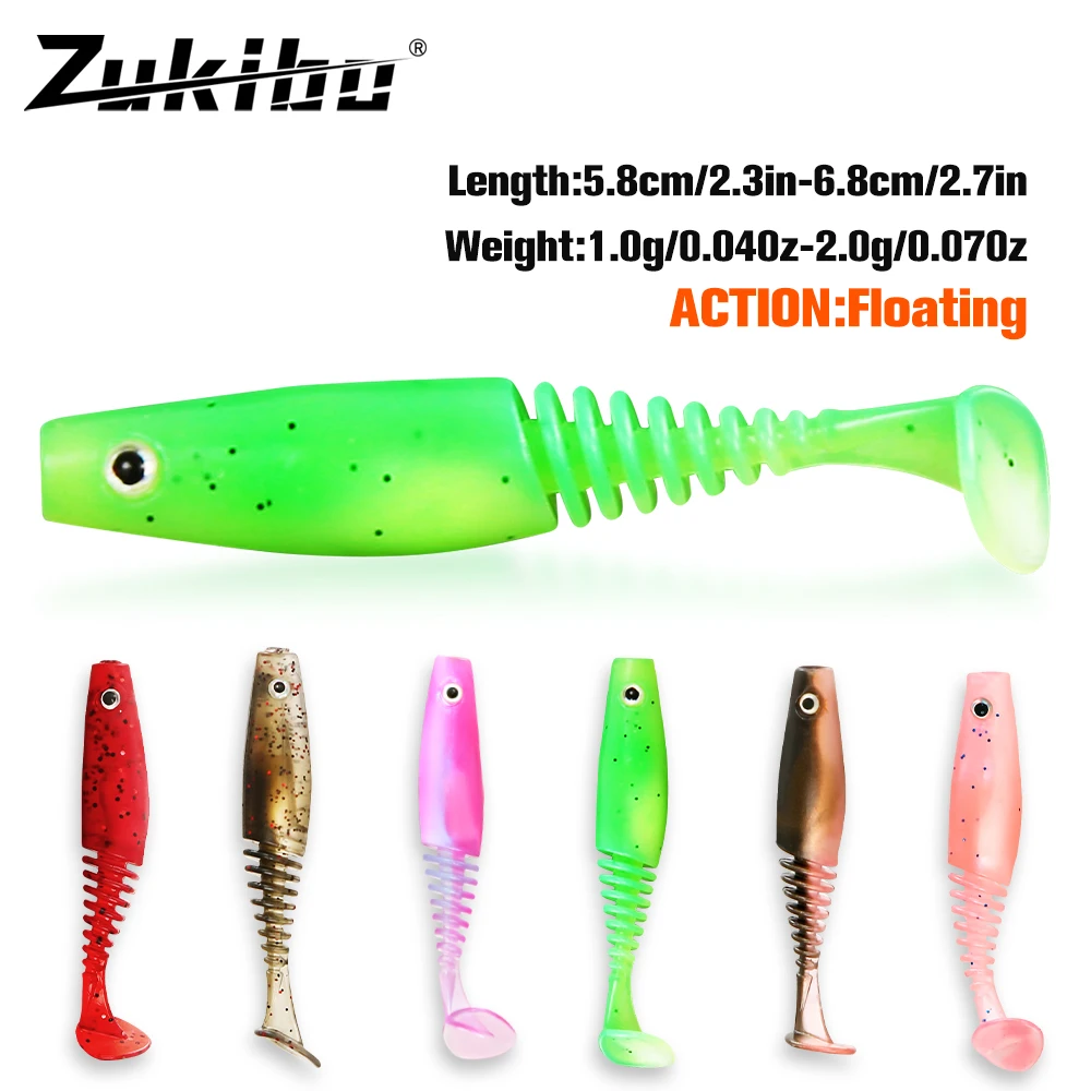 

ZUKIBO Fishing Lure Soft Swimbait 68mm 58mm T-Tail Soft Silicone Worm 10PCS Artificial Wobbler Lure 3D Eyes Floating Lures