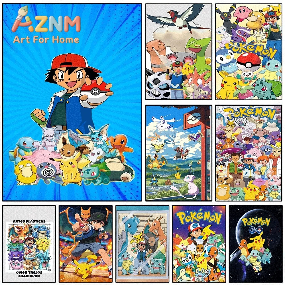 Blue Burst Background Ash Ketchum And Pokemon Starters Canvas Wall Art No Frame Anime Print Poster Painting for Kids Bedroom L