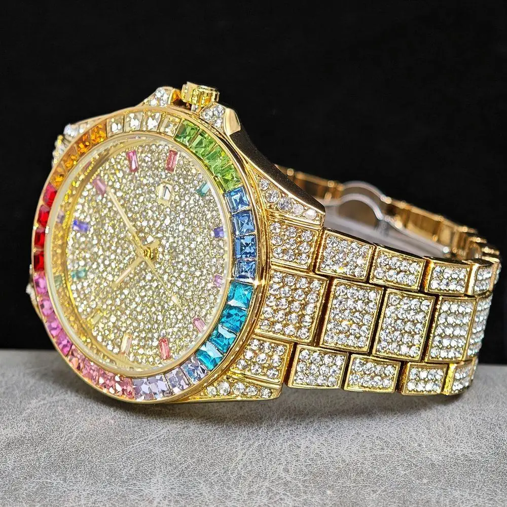 2025 Fashion Luxury Brand Rainbow Ice Diamond Waterproof Watches For Men Hip Hop  Sparkling Jewelry Male Quartz Wrist Watch Gift