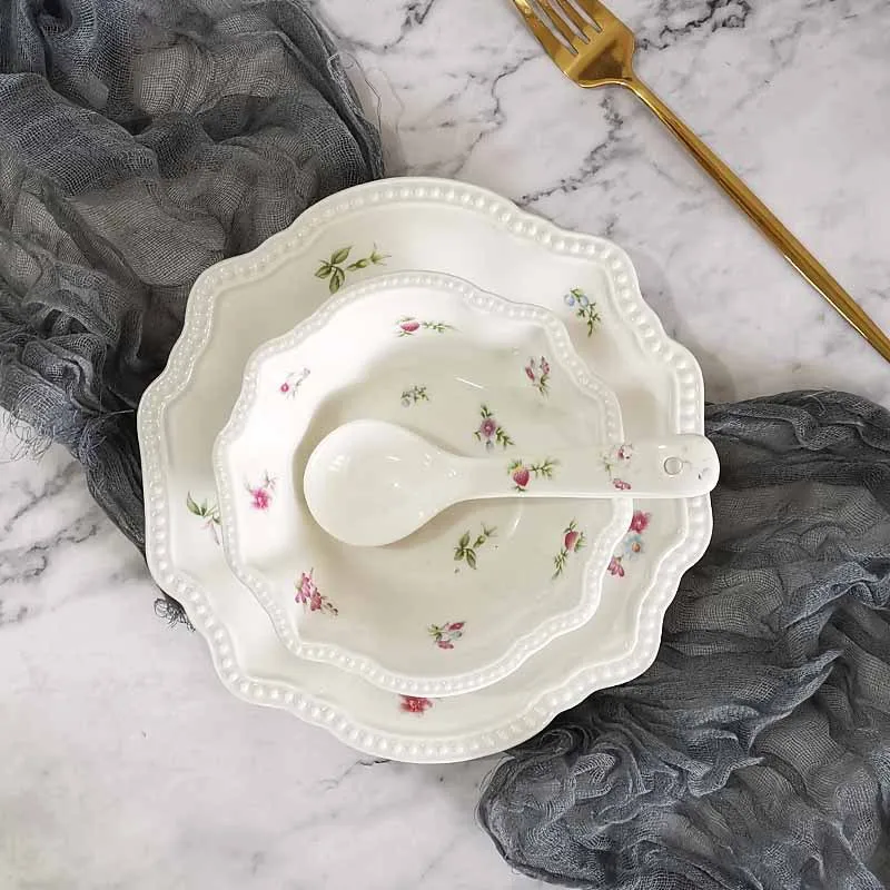 INS Wind Relief Flat Plate Crushed Flower Ceramic Plate Home Dessert Plate Bowl Dish Spoon Salad Dinner Ware 3pcs/Set