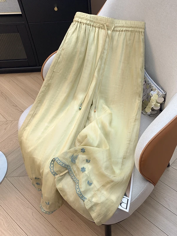 

Authentic Summer New Embroidered Elastic Waist Drawstring Double Layered Linen Wide Leg Casual Pants Casual Loose Fit Straigh...