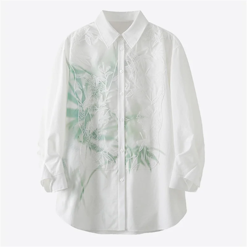 

White Blouse Ladies Summer Chinese Retro Lace Patchwork bamboo Print Shirt Thin Tops sun protection shirt Women's Blous