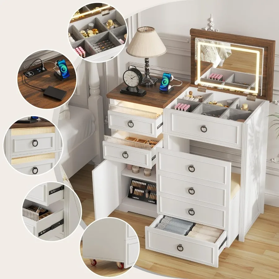طاولة مكياج مكتبية 3 في 1 للمزرعة مع مرآة إضاءة قابلة للطي 3 ألوان ومقعد مخفي ومحطة شحن مستشعر الجسم فاني