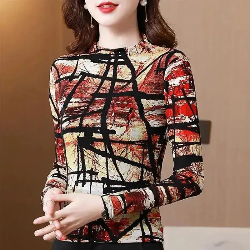 Autumn and Winter Women\'s Pullover Round Neck Patchwork Printing Slim Underlay Fashion Casual Elegant Commuter Long Sleeve Tops