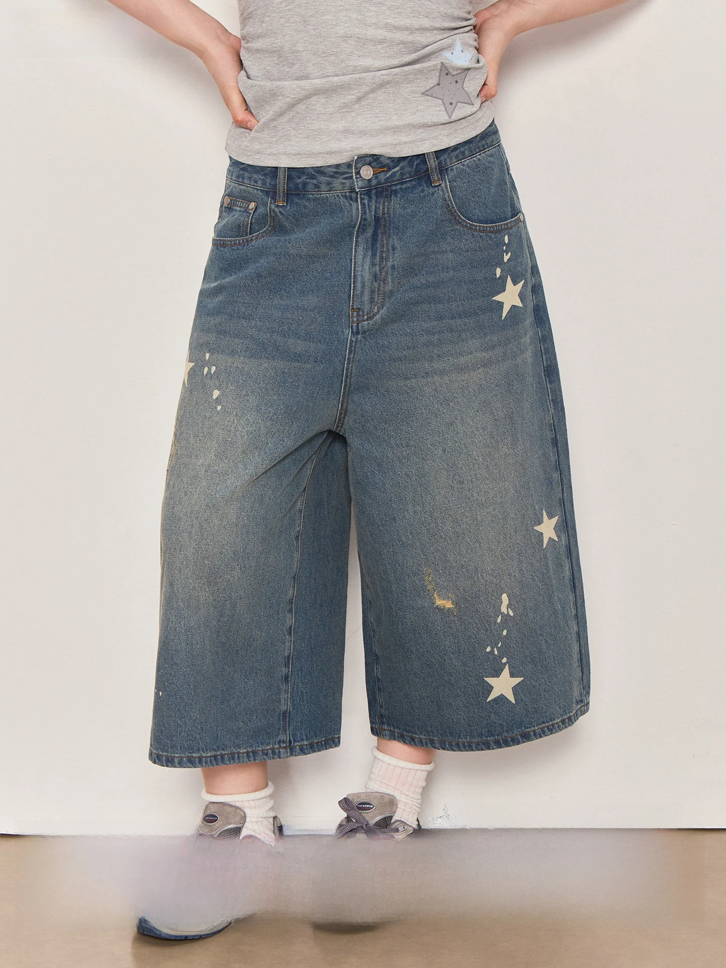 

High Waist Wide Leg Cotton Denim Jeans Chic Fruit Vintage Star Print Ripped Seven Feet Pants plus Size Women's Jeans