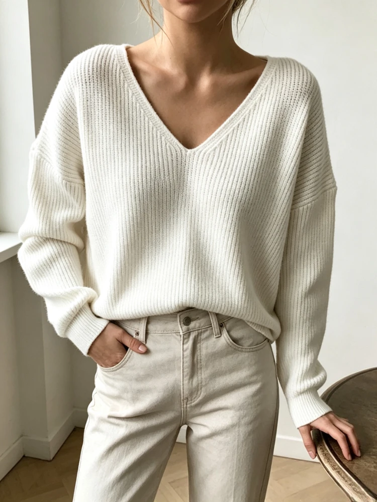 2026 Autumn Winter Korean Style Solid V Neck Knit Sweater Women Loose Irregular Hem Simple Warm Casual Basic Base Layer Tops