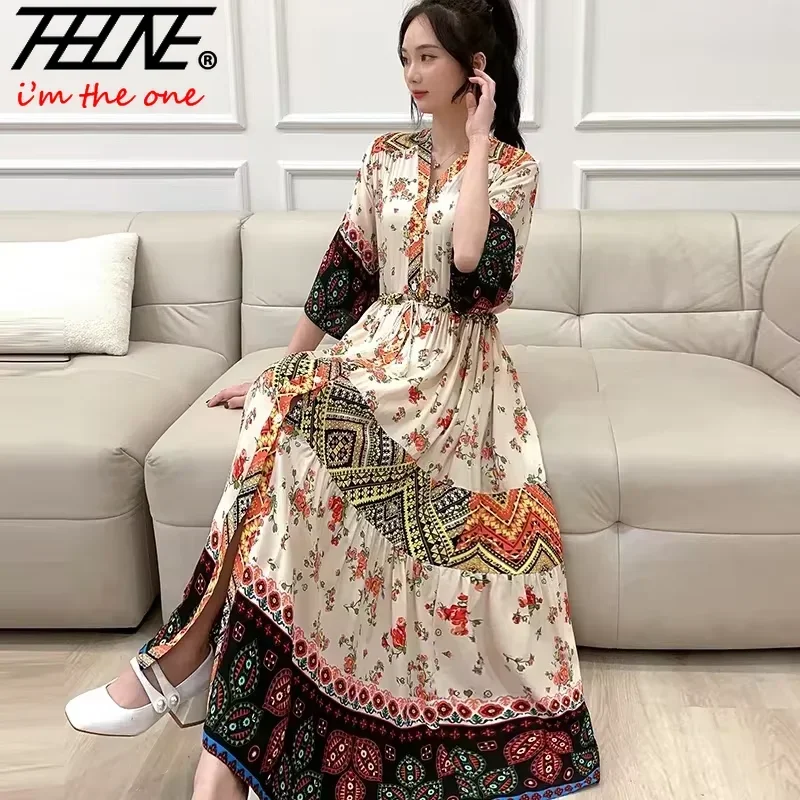 

Maxi Indian Dress Women Casual Plus Size Summer Cotton Linen Korean Beach Floral Vintage V-neck Long Boho Bohemian Vestidos Robe