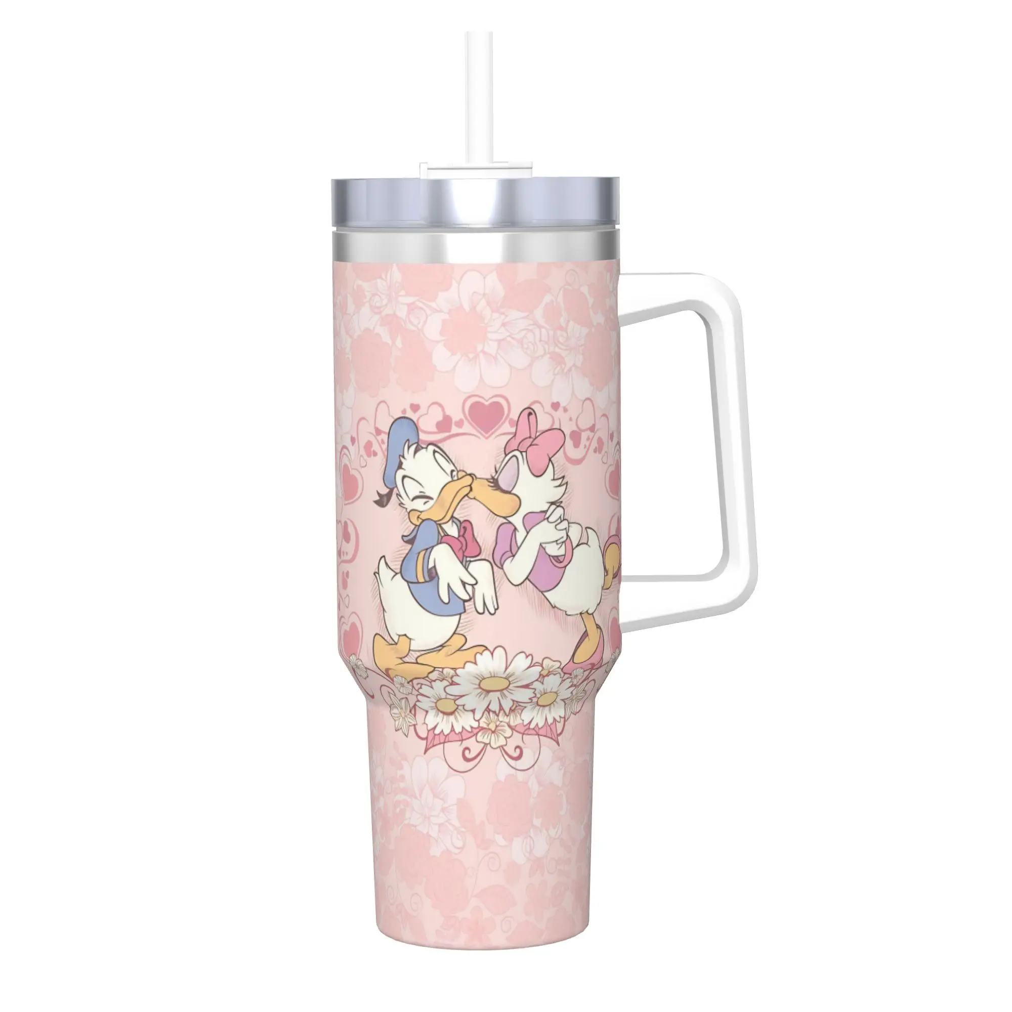 

Donalds Duck and Daisys Duck Tumbler With Straw Stainless Steel Travel Mug Double Wall Vacuum Insulated for Cold Or Hot 40oz