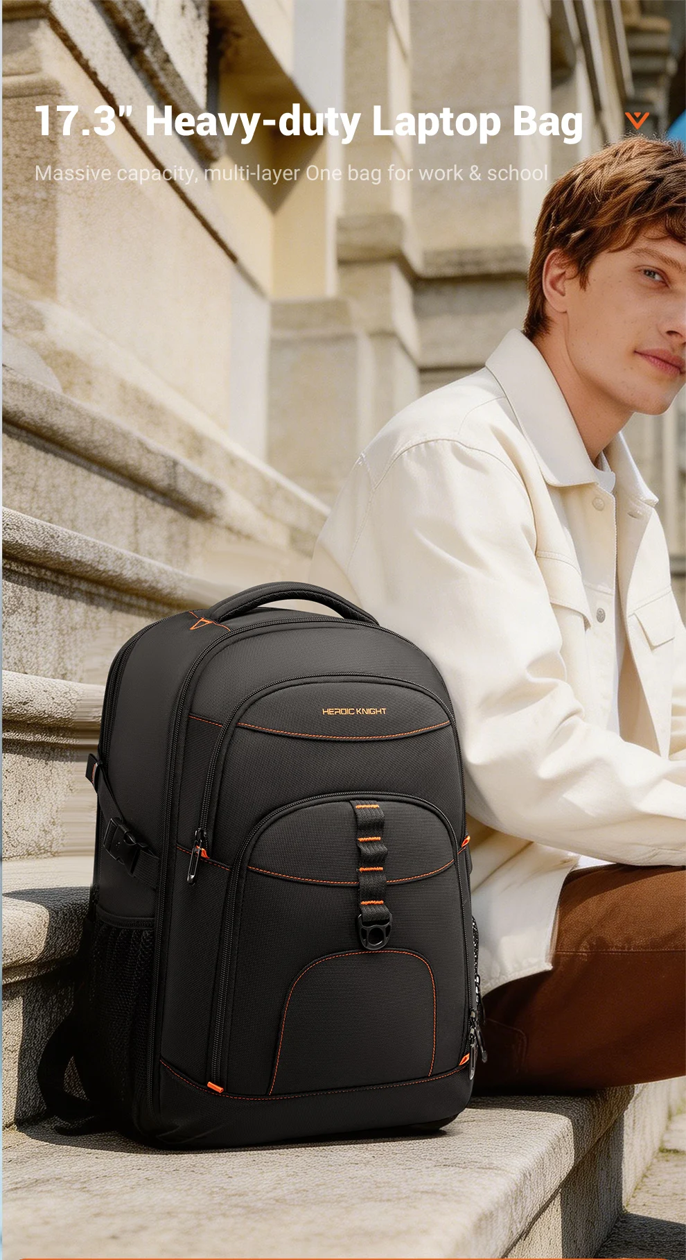 Heroic Knight Multi-function Business Backpack For Men Travel Expandable 17.3" Laptop Bag USB Waterproof Stylish College Daypack
