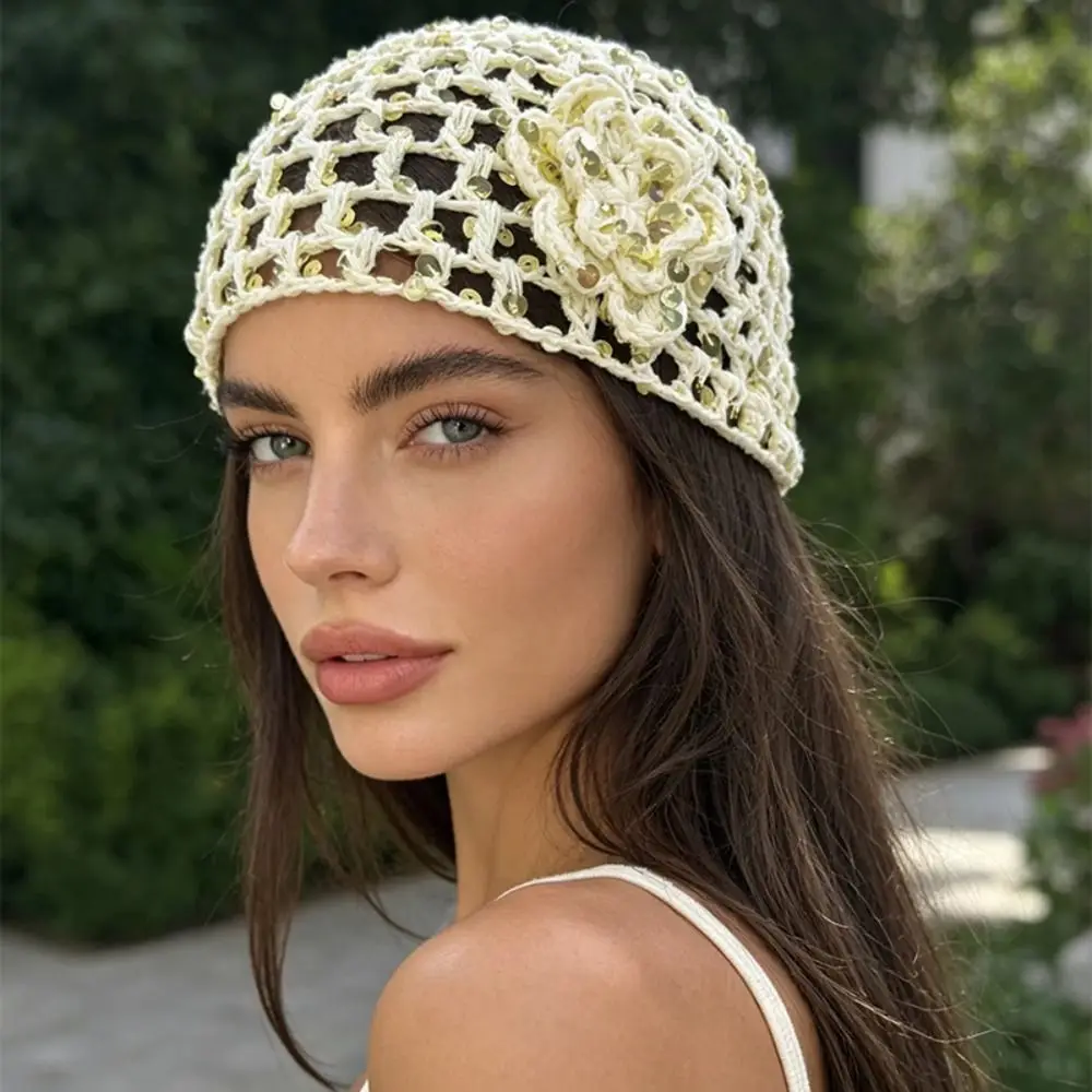 Fashion Elegant Hollowed Out Knitted Hat Flower Solid Color Crochet Sequined Hat Ethnic Style Korean Weave Cap Pullover Hat