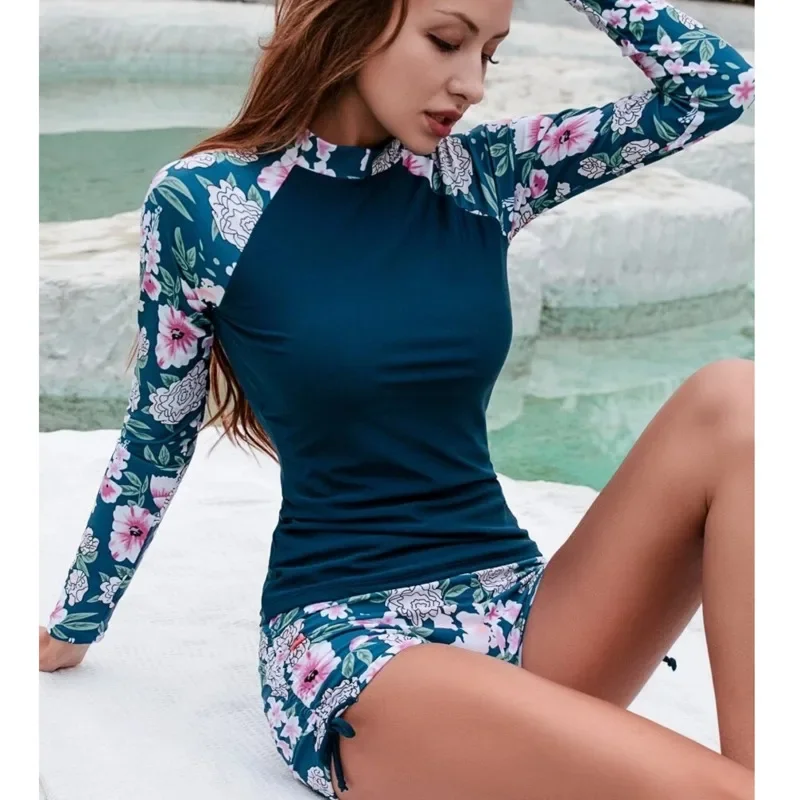 

Women's Swimsuits Tankini Set Female Long Sleeves Swimwear 2022 New Sports Pool Beachwear Two-Piece Bathing Suits With Shorts