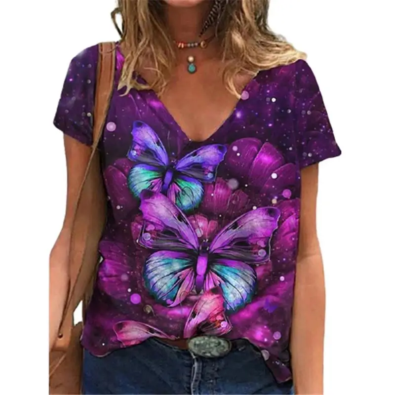 Fashion Butterfly 3D Print T Shirt Ladies T-Shirts V-Neck Oversized Tees Women Tops Summer Streetwear Harajuku Y2k Clothes