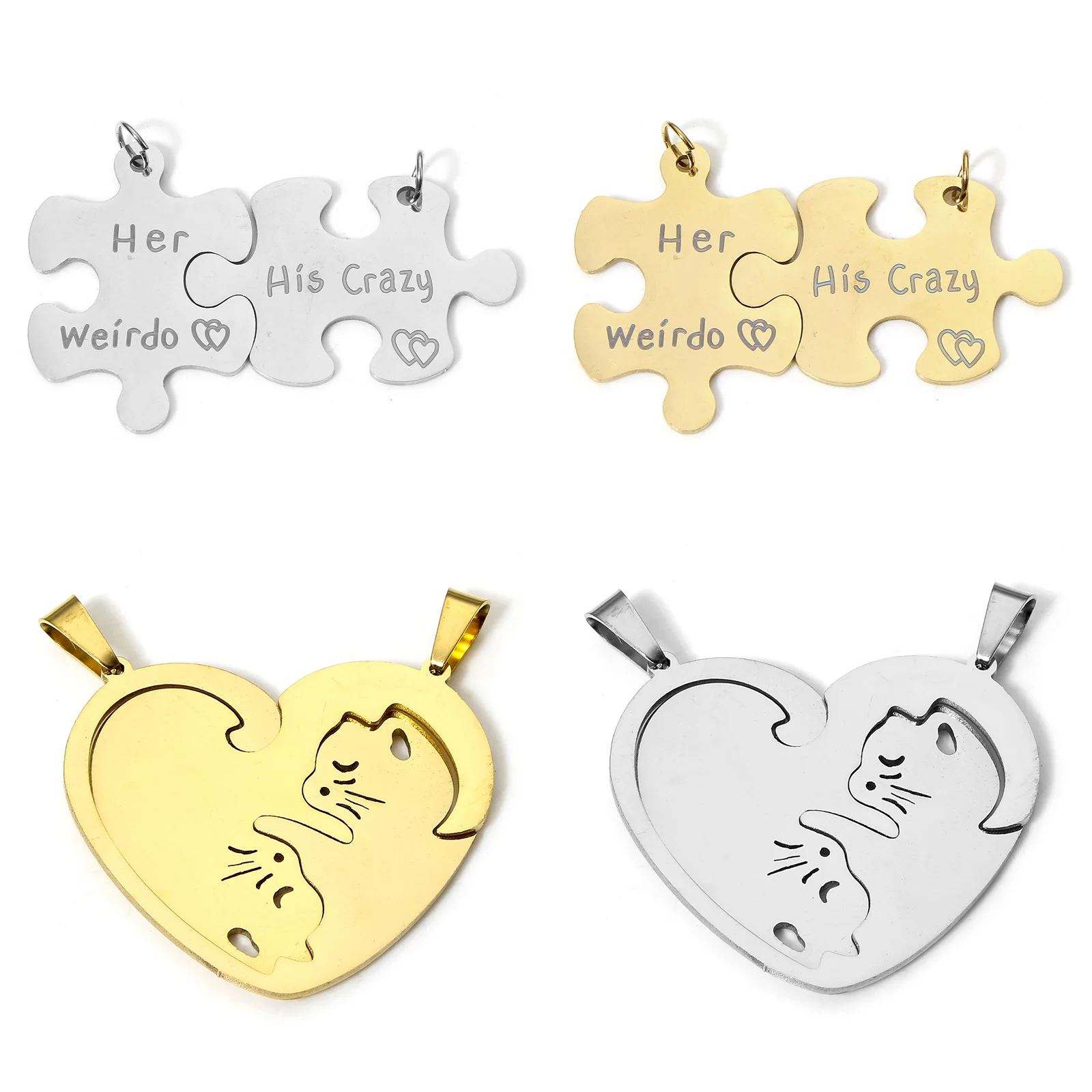 1 Set Couple Cat Heart Charms Melon Seed Buckle 304 Stainless Steel Pendant Jigsaw Charms For Diy Couple Necklace Jewelry Gift