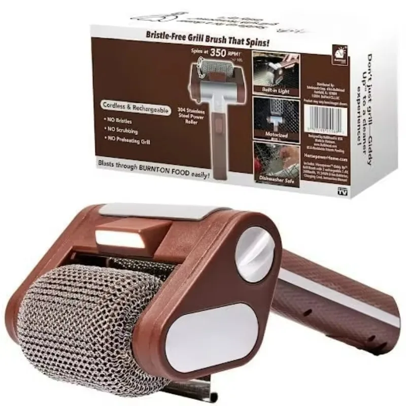 

New Cordless Bristle Free Rotary Grill Brush with LED Light Rechargeable BBQ Cleaning Brush Tool with Stainless Steel Roller