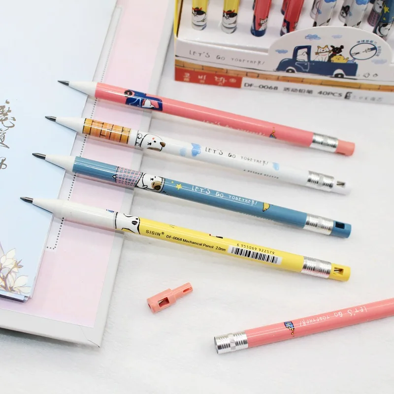 Crayon mécanique de dessin animé pour étudiants, fournitures d'écriture et de peinture, papeterie automatique, animaux Kawaii, chat et chien, 2.0mm, 8 pièces