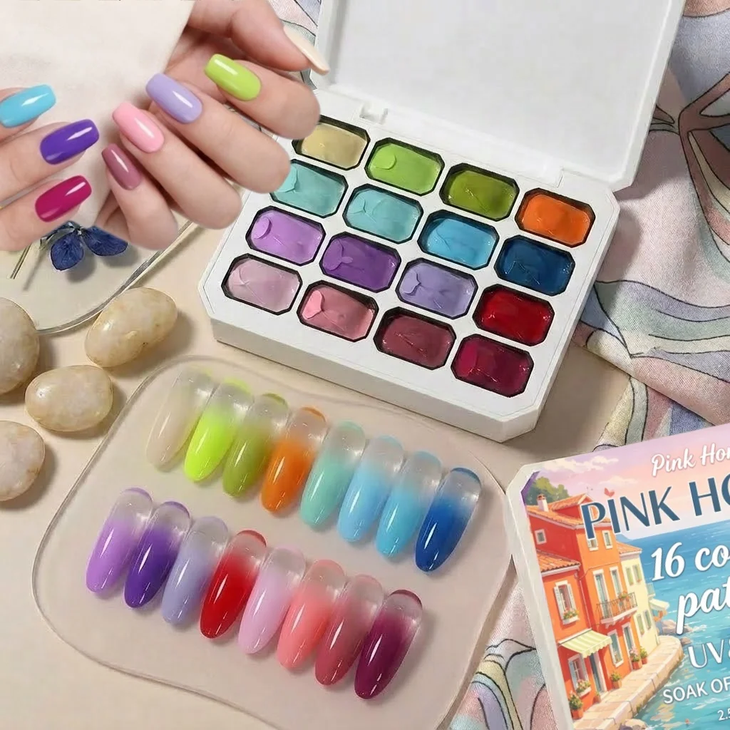 16 Color Macaron Solid Nail Polish Adhesive, High Saturation Gloss Color Nail Kit, Fashionable LED Nail Art, Perfect Gift