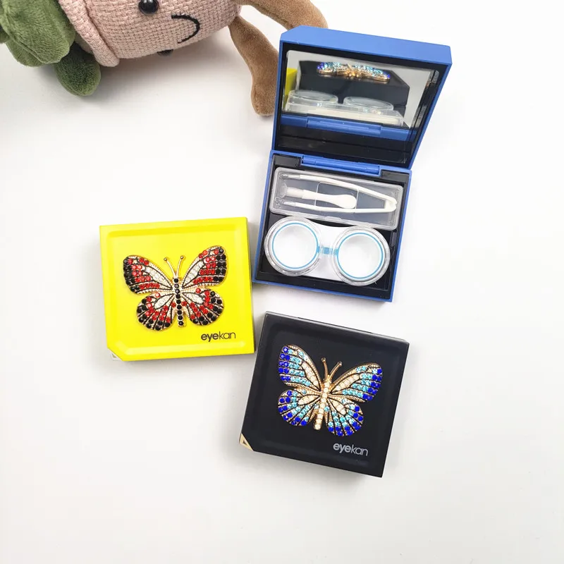 Mini custodia per lenti a contatto con farfalla con strass, scatola da viaggio portatile per occhiali, regalo per ragazze con design intarsiato