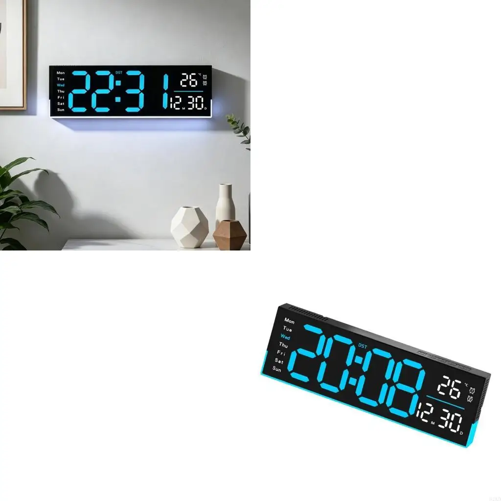 62KD Large Screen LED Wall Clock with Auto Dimming and Multifunctional Display, Count Down Timer, Two Alarms for Bedroom
