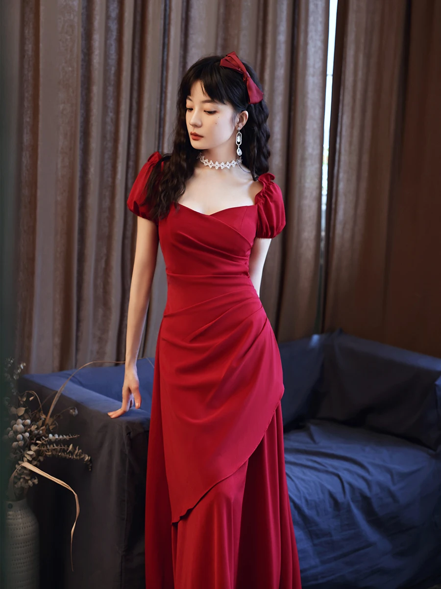 

Red Wedding Dr Sweet High Waist Zipper Sle ort Sve Long Dr for Engagement Par Bridal Return Home Ceremony