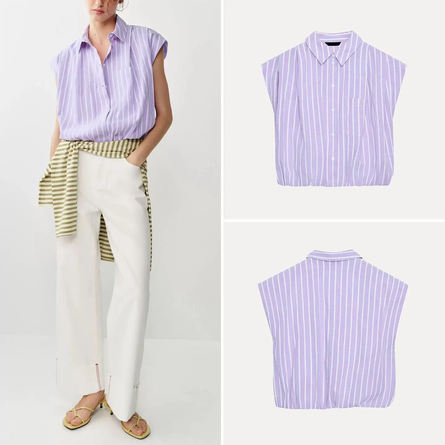 

Women's Fashion Summer Shirt without Sleeves Pleated Stripe Casual Style Short Length Turn-down Collar Casual Wear