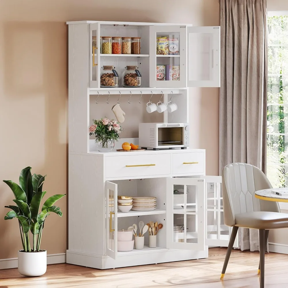 71'' Kitchen Pantry Storage Cabinet with Microwave Stand, Modern Tall Kitchen Hutch Cabinet with Power Outlet