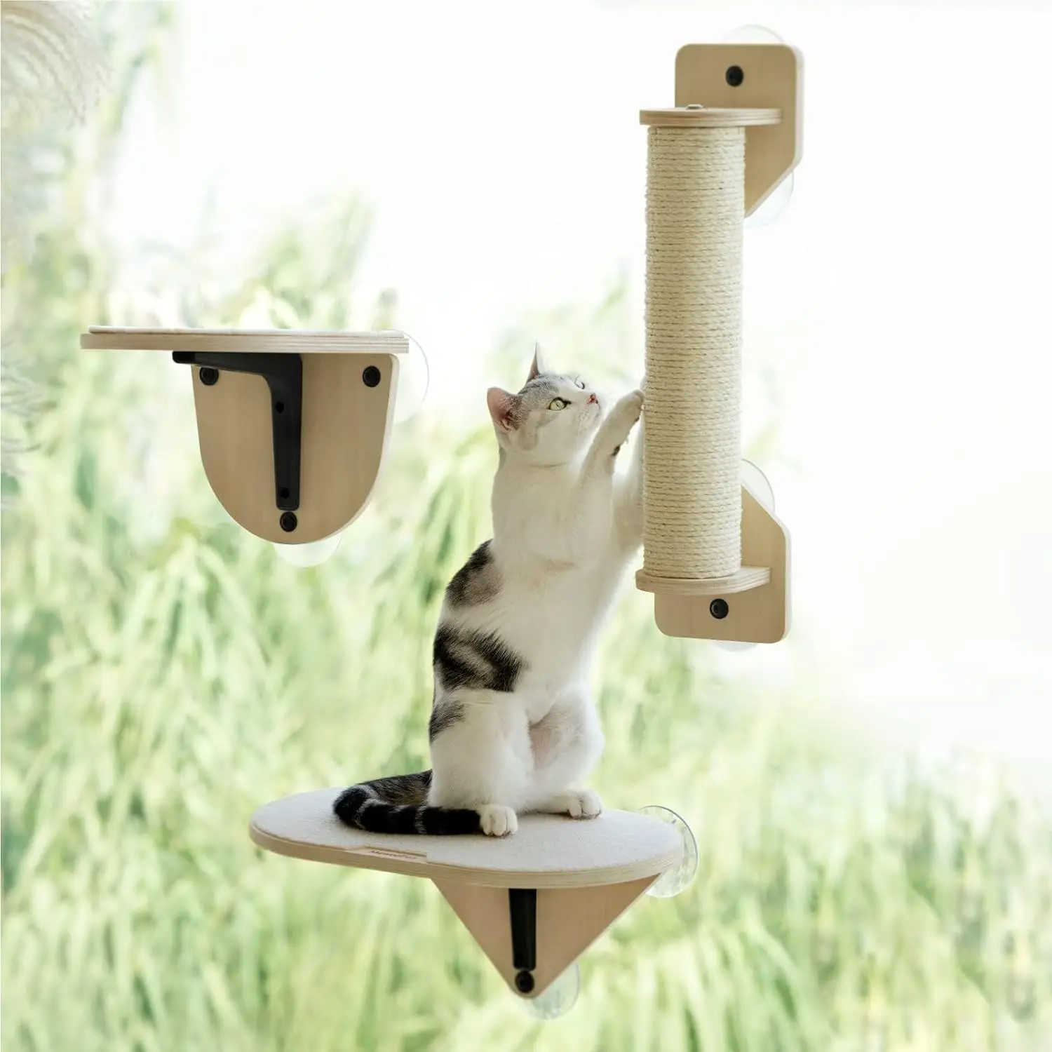 

Mewoofun Cat Window Perch Hammock Wooden Window Mounted Cat Bed with Climbing Steps and Scratching Post for Indoor Cats