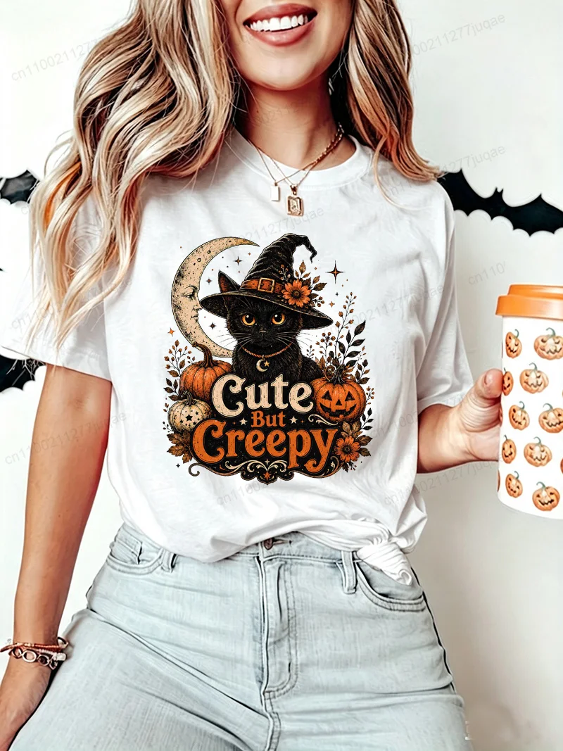 Women Halloween Black Cat Print T‑Shirt Retro Witch Hat Cat Moon Pumpkin Floral Graphic Tee Tops Halloween Party Female T‑shirt