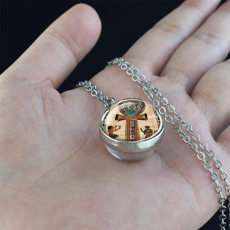 Egyptian Ankh Necklace Ancient Egypt Anubis Glass Ball Pendant Necklace Amulet Jewelry