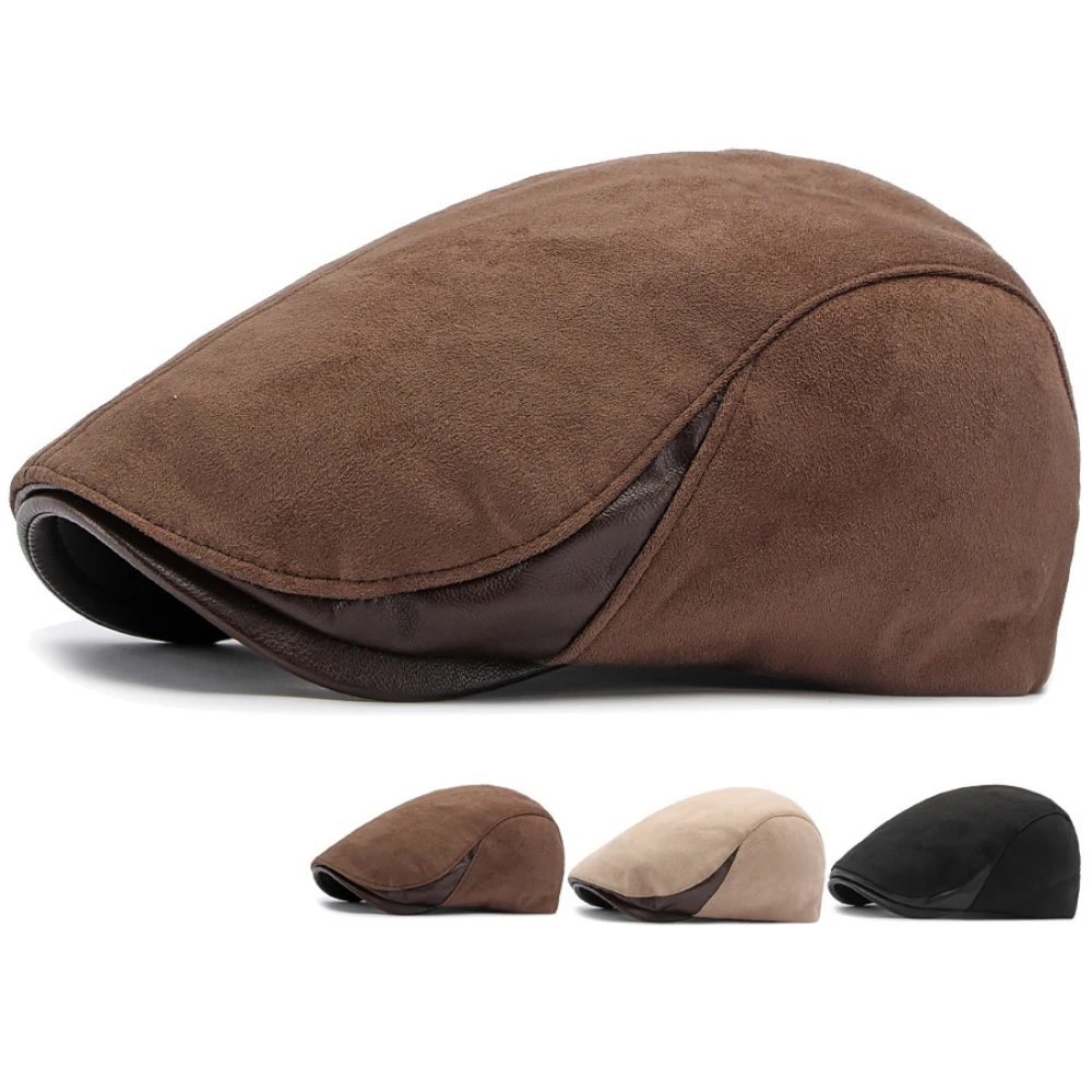 HT5178 Mens Berets Women Spring Autumn Winter Ivy Flat Cap Artist Painter PU Leather Brim Beret Hat Male Female Suede Beret Cap