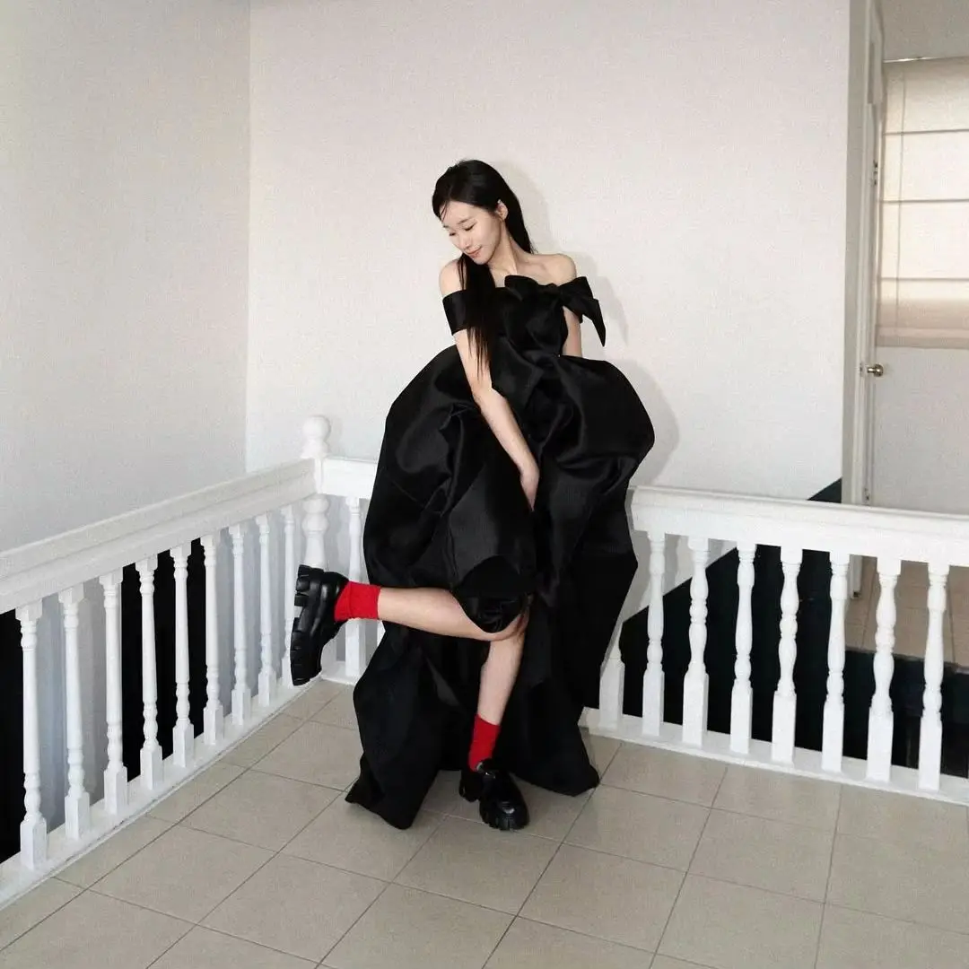

Giyu New Elegant Black A-line Evening Dress Bow Off Shoulder Pleat Customized Corset Korea Photoshoot Plus Size Floor-Length2025