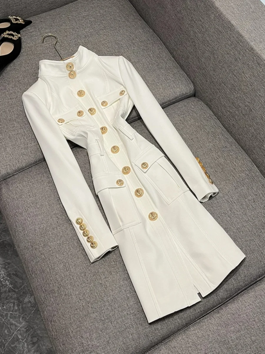 

Классическое черно-белое облегающее длинное пальто с высоким воротником Sve, синяя голова льва, универсальная верхняя одежда для поездок на работу, D698