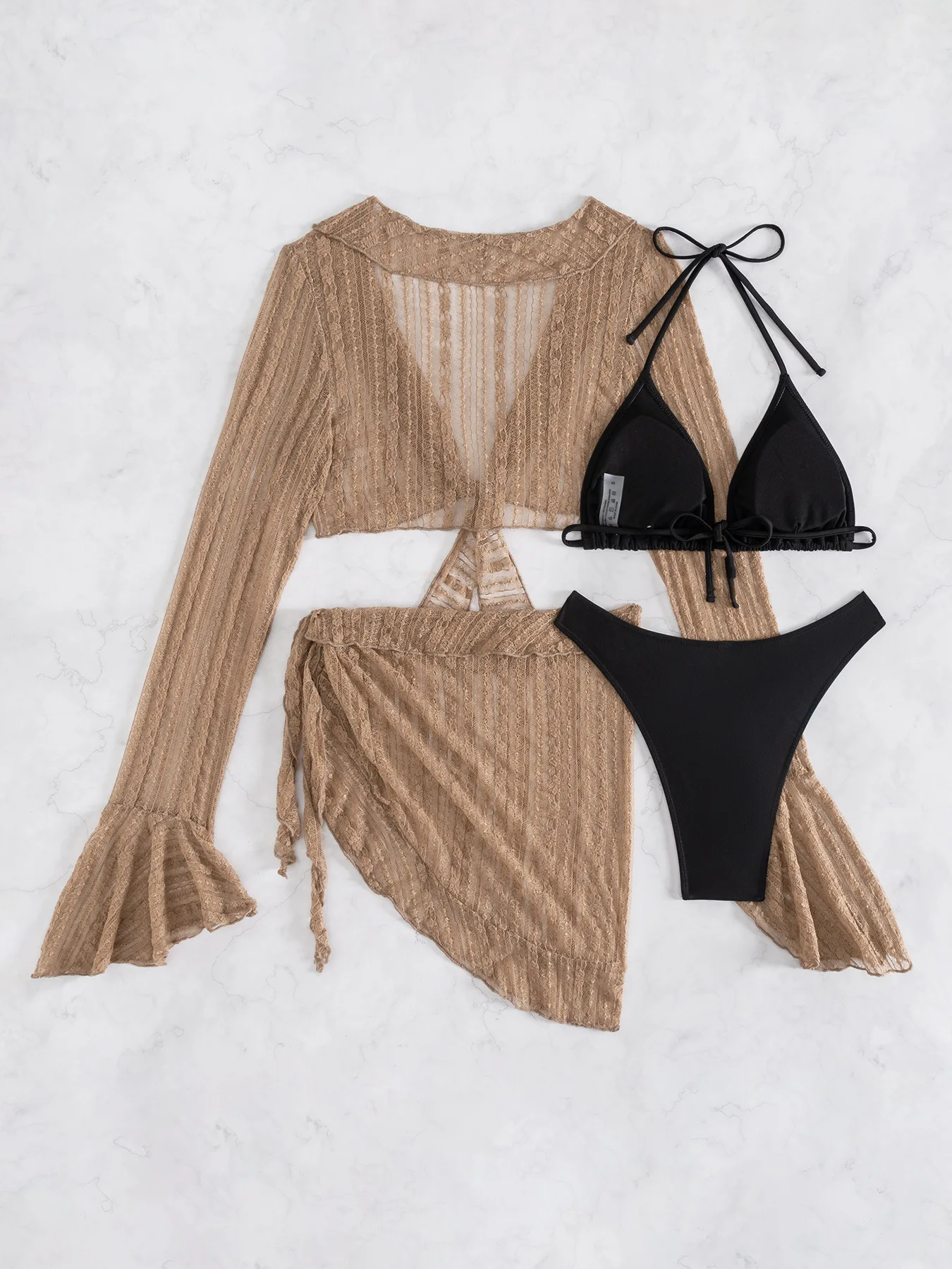 Women 4 Piece Bikini Set Black Halter Triangle Swimsuit Khaki Lace Flare Sleeve Cover Up Irregular Sarong Skirt Beachwear