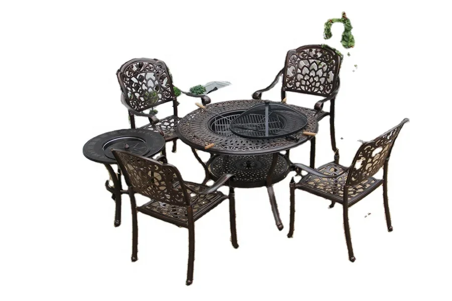 Mobília ao ar livre mesa redonda com mesa redonda de churrasco estrutura de alumínio fundido conjunto de jardim para jardim pátio quintal