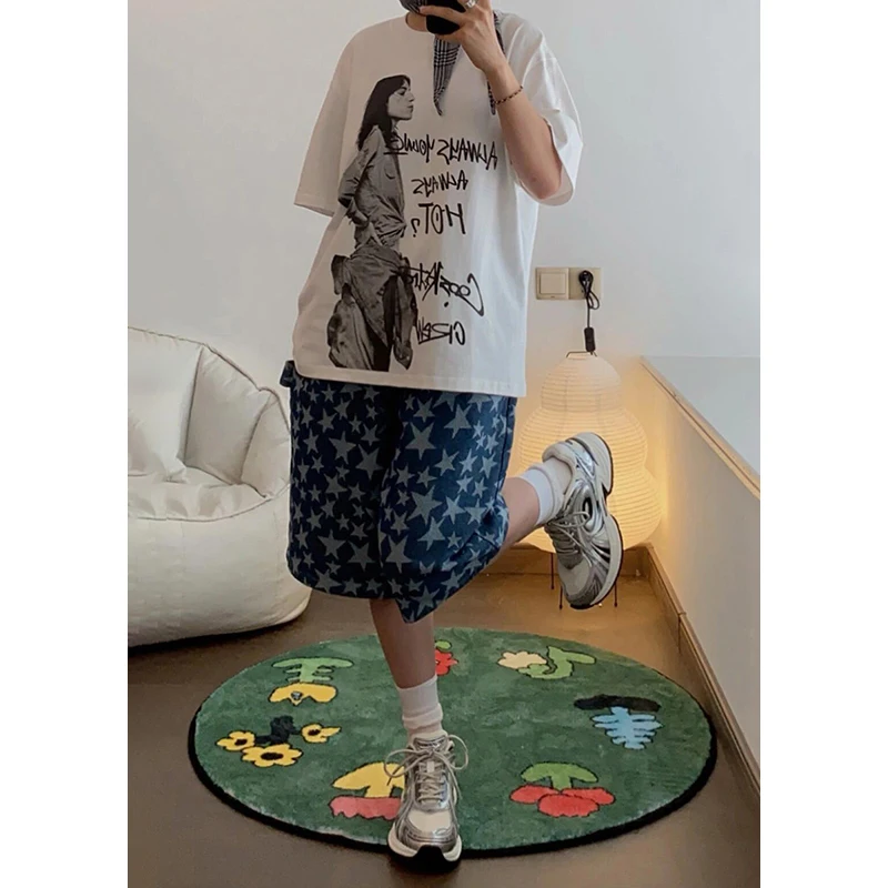 PBAP Big Size Star Print Denim Bermuda Pants Women Pockets Vintage Wash Low Waist Baggy Jeans Jorts Casual Summer Everyday Wear