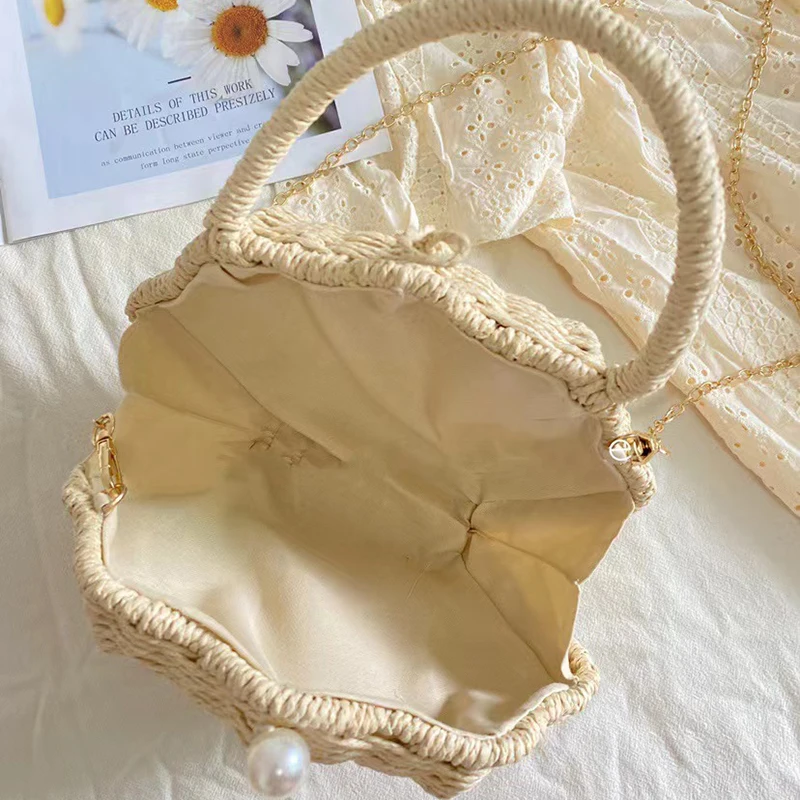 Shell shaped chain small Messenger Bag rattan woven ins beach vacation mobile phone fashionable Crossbody bag beach Straw bag